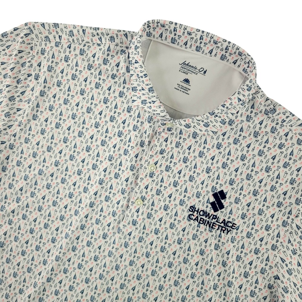 Johnnie-O Polo Shirt Mens XL White Cocktail Print Showplace Cabinetry Golf Top